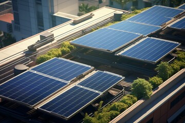Obraz premium Detailed view of solar panels on residential rooftop. Generative AI