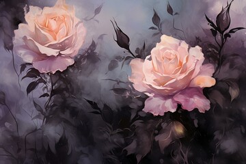 Pastel floral artwork showcasing abstract black roses available in print, postcard, or wallpaper. Generative AI