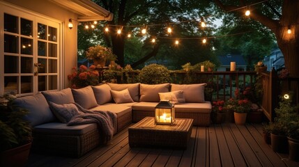 Beautiful modern house with wicker furniture at evening, Lights and lanterns in the garden.