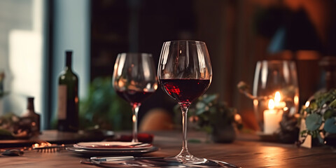A glass of red wine on a table in a restaurant. Selective focus. Wineglass with red wine and grapes on the wooden table.
 - Powered by Adobe