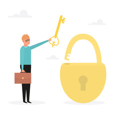 Businessman holding a golden key to unlock a lock. Unlock business accessibility. Solve a business problem, offer solutions professionally. Vector.
