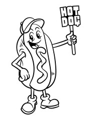 Hotdog mascot cartoon character wearing a cap and carrying a banner board with 