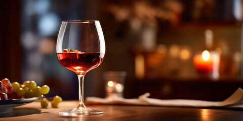 Naklejka premium A glass of red wine on a table in a restaurant. Selective focus. Wineglass with red wine and grapes on the wooden table. 