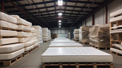 White mattresses and materials in warehouse, Waiting for transportation.