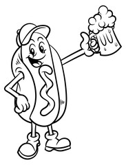 Hotdog mascot cartoon character wearing a cap and carrying a mug of beer to celebrate. Best for outline, logo, and coloring book with street food themes