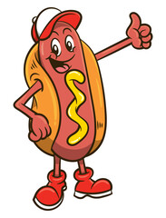 Hotdog mascot cartoon character wearing a cap and do thumb up gesture. Best for mascot, sticker, and logo with street food themes for kids