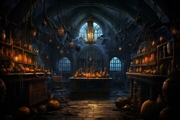 Obraz premium A eerie sorcerer's room adorned with spooky jack-o-lanterns and mystic potion jars under the moonlight. Ideal for Halloween occasions. Generative AI