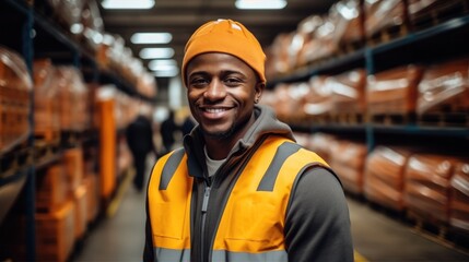 Happy African worker working in warehouse employee. - obrazy, fototapety, plakaty