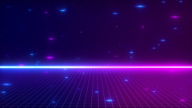 Universe Retro Futuristic 80's Background 4K. Synthwave wireframe net grid. Abstract digital background. 80s, 90s Retro futurism, Retro wave cyber grid. Deep space surfaces. Neon glow particles