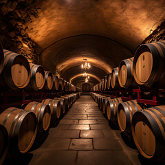 lighted wine cellar filled with wooden barrels in long corridor
