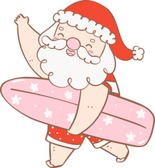 Cute Summer Santa Claus with surfboard, kawaii Christmas cartoon doodle hand drawing outline