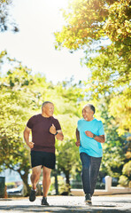 Senior, men and running for exercise in road of city for wellness, fitness or workout outdoor with smile. Elderly, people and training together in nature or park for health, adventure and happiness