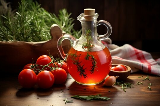 Organic vinegar, tomatoes, rosemary on table. Generative AI