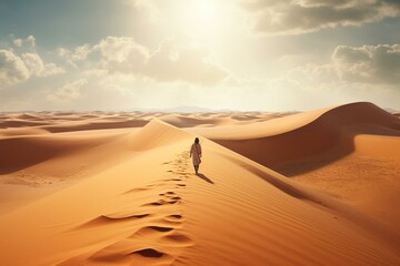 A traveler walking on vast dunes captures the vastness of the desert and the isolation of their journey. Generative AI - obrazy, fototapety, plakaty
