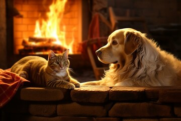 A dog and cat rest near the fire, being alert. Generative AI