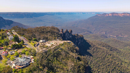 Aerial drone view of Echo Point Lookout and the Three Sisters rock formation at Katoomba in the...