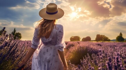 A woman in a flowing dress and sun hat stands amidst a blooming lavender field, facing the golden sunset. Perfect for themes of nature, tranquility, and rejuvenation.