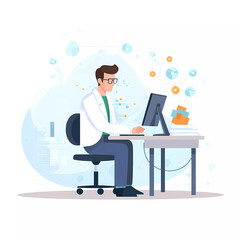 Data scientists using computer to analyze data. flat cartoon illustration.Data scientist concept.
