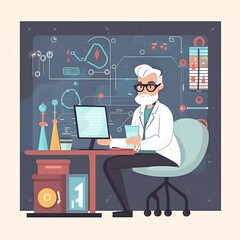 Experienced professor analyze data using computer with statistic chart background.flat cartoon illustration.data scientist concept.
