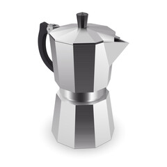 Italian geyser coffee maker, styled like a Moka pot, set against a white background. An illustration of a coffee pot designed for preparing espresso coffee, isolated on a white background - 654801642