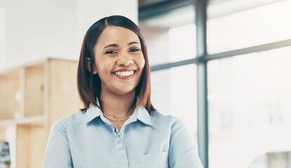 Fototapeta premium Storage, office and happy portrait of woman in retail, store or small business owner in shipping warehouse or workplace. Professional, face and employee smile with happiness in project management