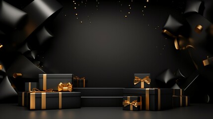 Gift boxes arranged with gold ribbons and bows on a black ribbon background. Black Friday Concept