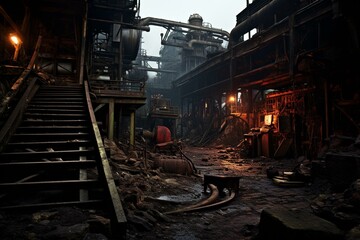 An old-fashioned coal mine situated in a worn-out factory area. Generative AI - obrazy, fototapety, plakaty
