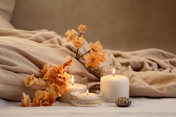 Obraz na płótnie Canvas Linen sheets with dried flowers & candles, embodying warmcore vibes. Light beige and amber shades dominate, presenting a bloomcore essence. Ideal for cozy interiors.