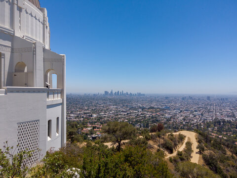 View of the Downtown Los Angeles Skyline, from the Griffith Observatory in Los Angeles, California, USA.