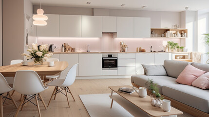Scandinavian Style Studio Apartment Cheerful Interior Design with Warm Pastel Whites and Modern Kitchen Touches