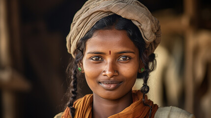 A portrait featuring a joyful Indian labor girl concealing her sadness behind a radiant smile, aspiring for dreams of education and equality. - obrazy, fototapety, plakaty
