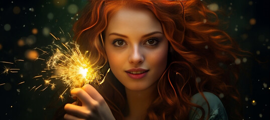  red haired girl holding up sparkler firework, in the style of photo-realistic landscapes, spirals, photo taken with provia, oil portraitures, charming characters, close up, dark emerald and orange