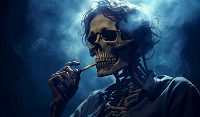 scary skeleton smoking a cigarette, in the style of dark azure, historical genre, historical reproductions, unprimed canvas, mist, cybermysticsteampunk, historical