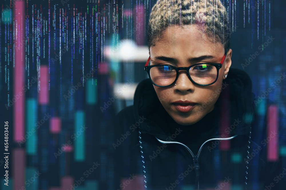 Poster Woman, hacker and coding at night in cybersecurity, programming or cryptocurrency on digital overlay. Female person, serious employee or programmer working late on problem, cyber attack or malware