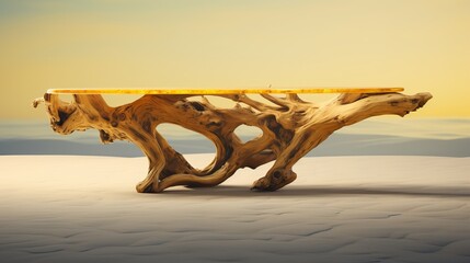 Natural Wood Furniture: Coffee Table and Panoramic Desert Landscape - Artistic Interior Design