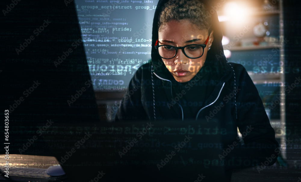 Poster Hacker, woman in dark room with laptop and code, data analysis and IT, phishing and cyber crime with database. Cybersecurity, programming and criminal with pc, overlay or hologram with ransomware