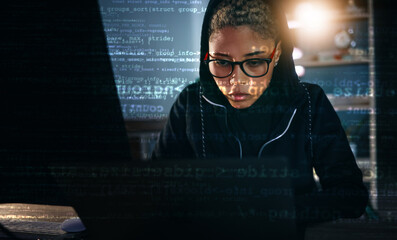 Hacker, woman in dark room with laptop and code, data analysis and IT, phishing and cyber crime with database. Cybersecurity, programming and criminal with pc, overlay or hologram with ransomware