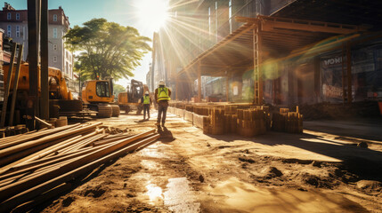 Close-Up View of Construction Site Adjacent to Pavement - obrazy, fototapety, plakaty