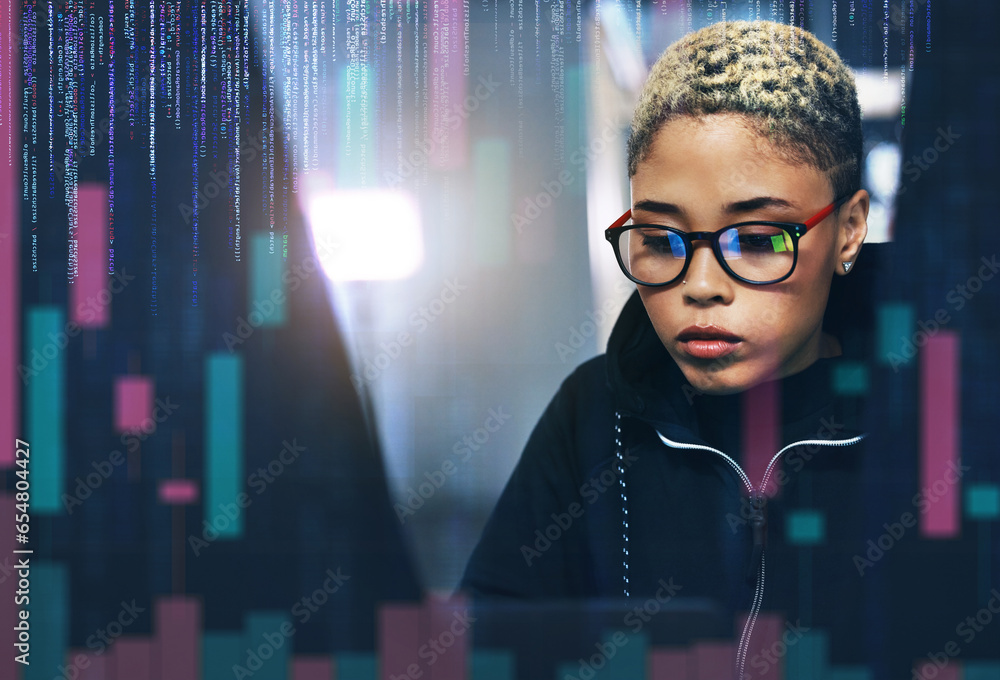 Poster Woman, hacker and coding at night in cybersecurity, programming or cryptocurrency on digital overlay. Female person, employee or programmer working late in problem solving, cyber attack or malware