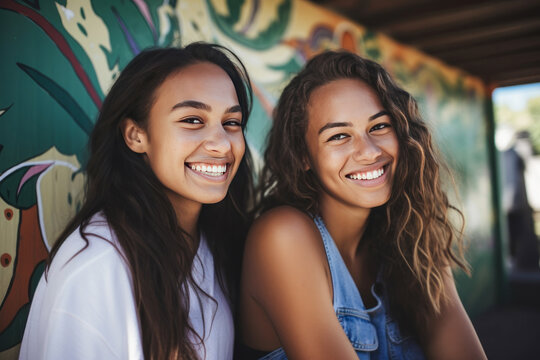 Smiling young friends posing against an outdoor mural.