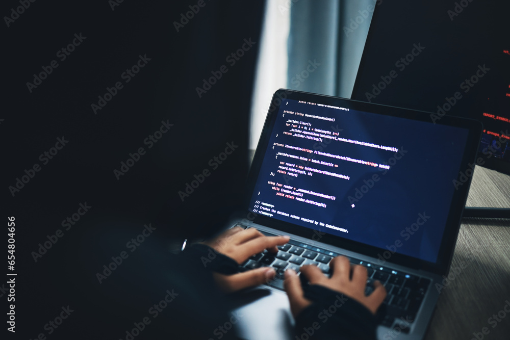 Fototapete Person, hands and hacker on laptop at night in cybersecurity, coding malware or software at home. Hacking, working late and typing on computer in programming, algorithm or cyber attack in house