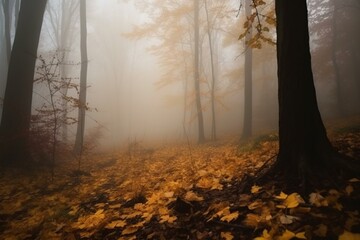 Blurred autumn forest with fog, yellow leaves scattered on the ground. Generative AI