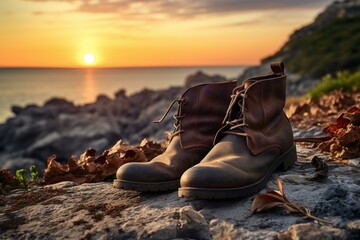 Image of abandoned stylish leather boots on rocky surface at sunset in campground. Generative AI