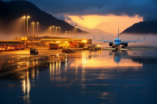 Sunrise at Hong Kong airport lights up runway with airfield ground lighting. Generative AI