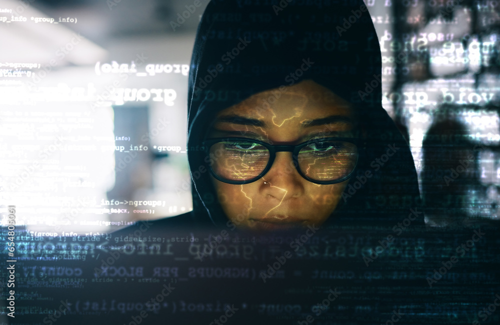 Poster Hacker, woman and laptop with code and hologram, information technology and programming with database. Ransomware, malware or virus, hacking global network and cyber crime with cybersecurity and spy