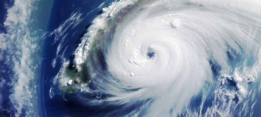 Fototapeta na wymiar Stormy cyclone swirling, Typhoon, Hurricane near coastal, catastrophe, seen from space.