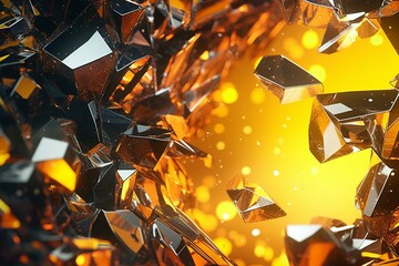A futuristic tech banner featuring glossy glass fragments in vibrant yellow and orange colors, creating a vivid 3D render with ample copy-space. Generative AI