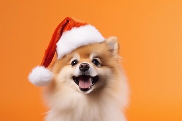 Happy cute dog in Santa Claus hat on orange background with copy space. Christmas and New Year celebration concept.