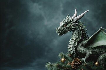 Dragon and decorated fir branch with copy space. Symbol of Chinese new year 2024.
