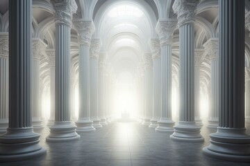 Monochromatic space with central art and columns. Generative AI